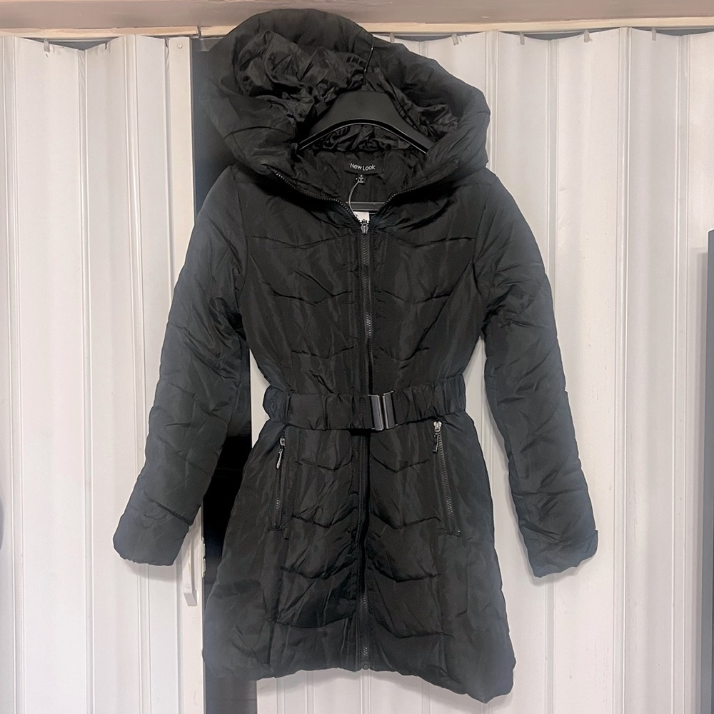 New Look Puffer Coat Jacket Small S Black Belted Winter Long